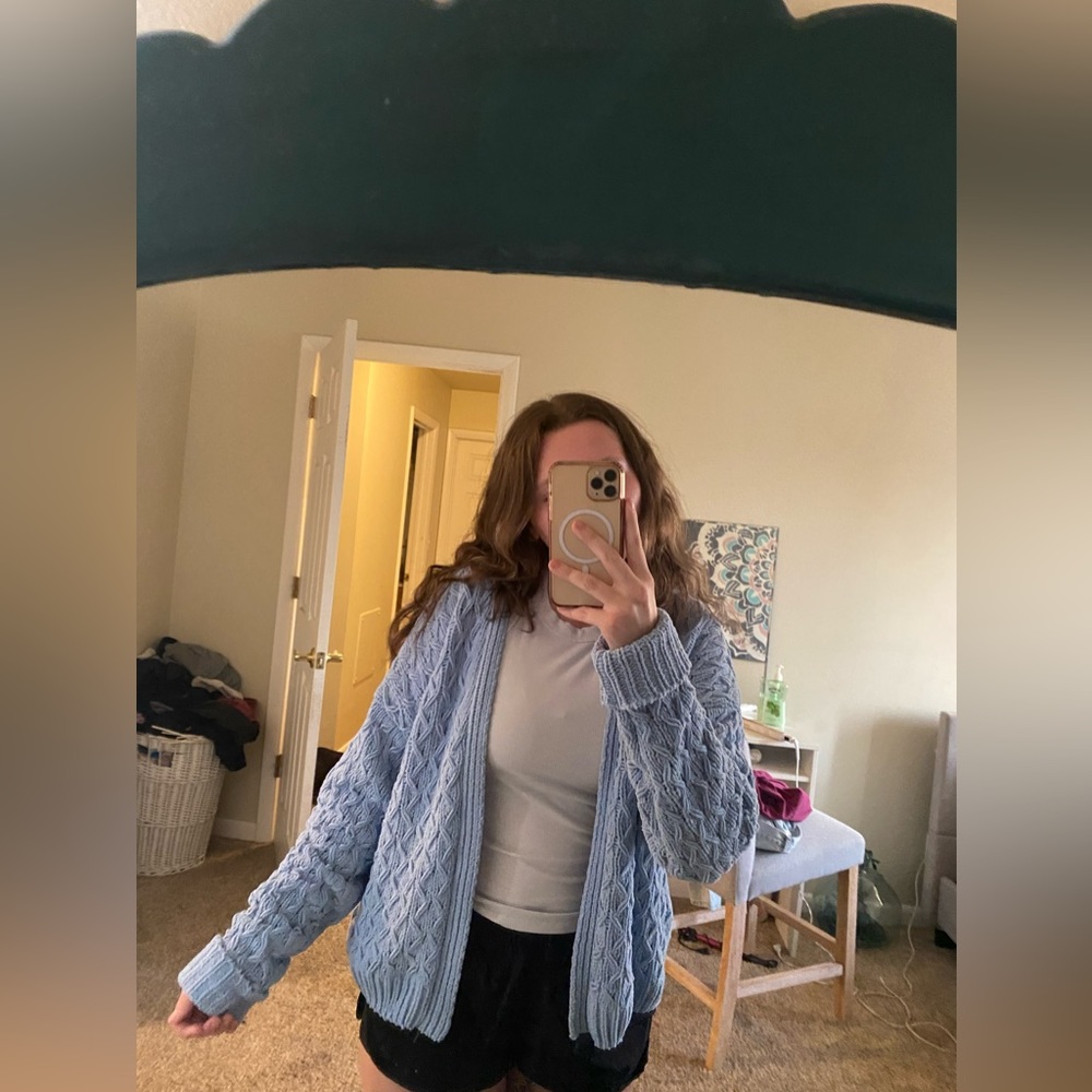 blue cardigan